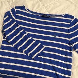 Polo by Ralph Lauren Women's Blue and White Striped 3/4 Sleeve Tee